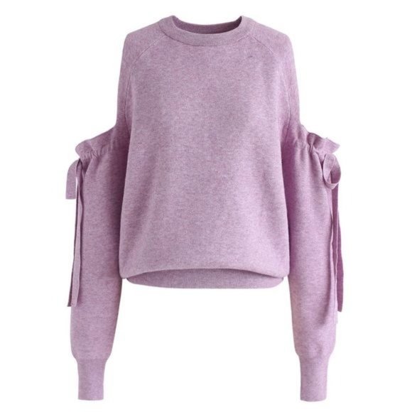 Barbiecore Pink Self Tie Bow Sleeve Cold Shoulder Sweater Size Small - Picture 2 of 13